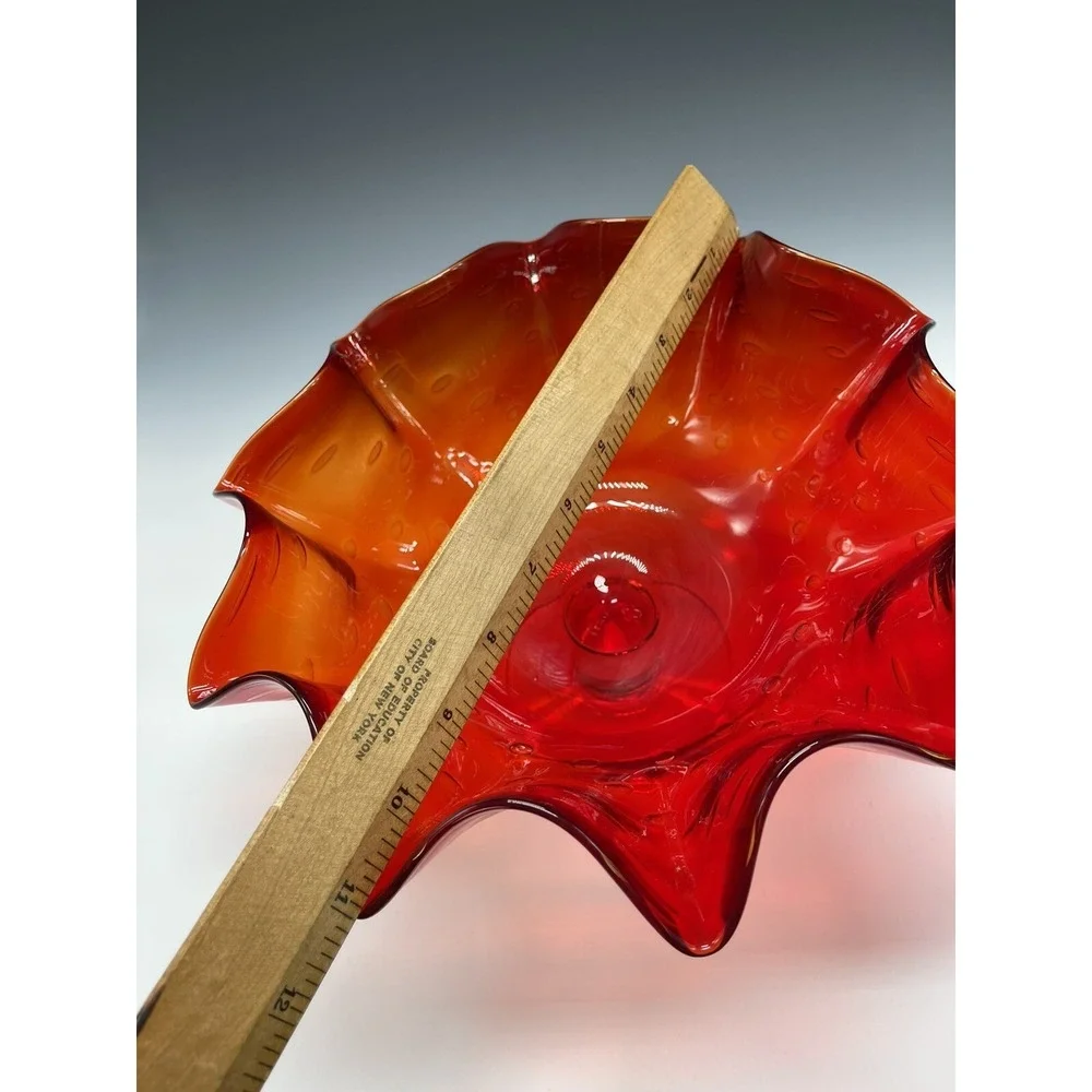 Vtg‎ Bischoff Amberina Ruffled Compote Bowl Bubbles Glass Clear Stem Banana Boat